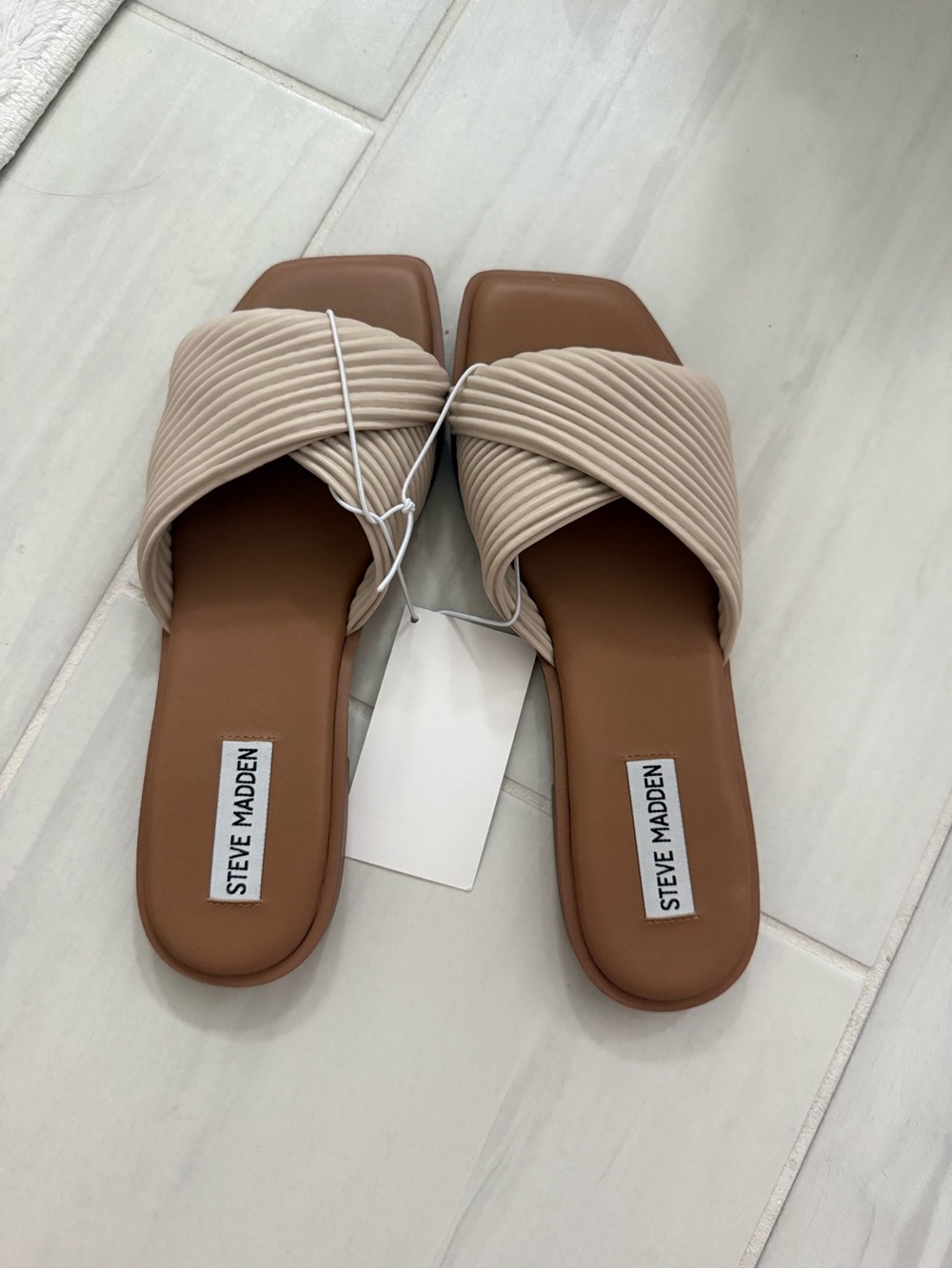 Steve Madden Beige Crisscross Slide Mules with Brown Footbed